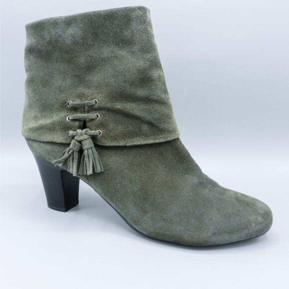 Vaneli Tassel Zip Ankle Boots Sz 10.5 Gray Suede Leather Block Heel‎ Booties